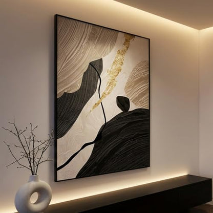 QKF Gold Geometric 3D Texture Black Aluminum Frame Canvas Wall Art - color: Beige & Black with Gold Accent