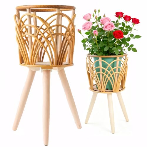 Boho Rattan Plant Stand, Set of 2 (Small & Medium), Indoor Outdoor