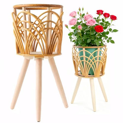 Boho Rattan Plant Stand, Set of 2 (Small & Medium), Indoor Outdoor