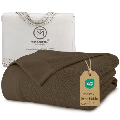 Threadmill Luxury 100% Cotton Queen Herringbone Blanket, Espresso - color: Espresso, size: Queen (90" x 92")