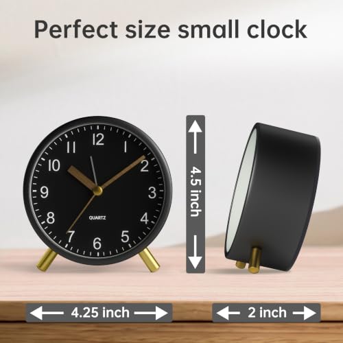 JALL Analog Alarm Clock, 4 inch Super Silent Non Ticking Small Clock with Night Light, Battery Operated, Simple Design, Easy Setting for Office, Bedroom, Bedside, Desk, Teens, Elders, Adult, Black - color: Deep Black