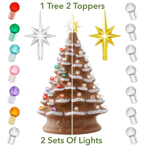 Casafield Hand Painted Ceramic Christmas Tree, Gingerbread 15-Inch Pre-Lit Tree with 128 Multi Color Lights, 2 Star Toppers - color: Brown