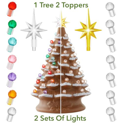 Casafield Hand Painted Ceramic Christmas Tree, Gingerbread 15-Inch Pre-Lit Tree with 128 Multi Color Lights, 2 Star Toppers - color: Brown