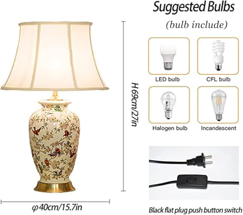 White 27" Flower and Bird Ceramics Table Lamp Chinoiserie Desk Lamp,Fabric Drum Shade,Gold Base, Tall Table Lamp Decor for Living Room Bedroom Bedside Office College Bookcase