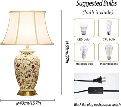 White 27" Flower and Bird Ceramics Table Lamp Chinoiserie Desk Lamp,Fabric Drum Shade,Gold Base, Tall Table Lamp Decor for Living Room Bedroom Bedside Office College Bookcase