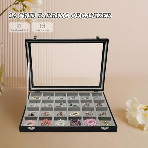 Stratalife 24 Grid Earring Organizer, Jewelry Holder Organizer with Lid - color: Gray-Black, size: 24 Grid