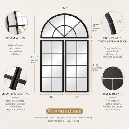 Large Black Arched Window Mirror, 32 x 47.2 in, 3-Piece Set - color: Matte Black, size: 32"L x 47"W