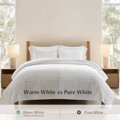 EVERGRACEHOME 100% Cotton Modern Lines Quilt Set Queen Size, Warm White - color: Warm White (Yellow Undertones), size: Full/Queen (92" X 92")