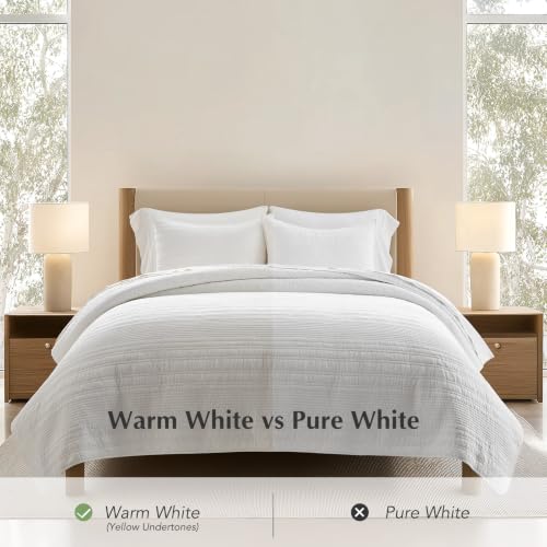 EVERGRACEHOME 100% Cotton Modern Lines Quilt Set King Size, Warm White - color: Warm White (Yellow Undertones), size: King (108" X 92")