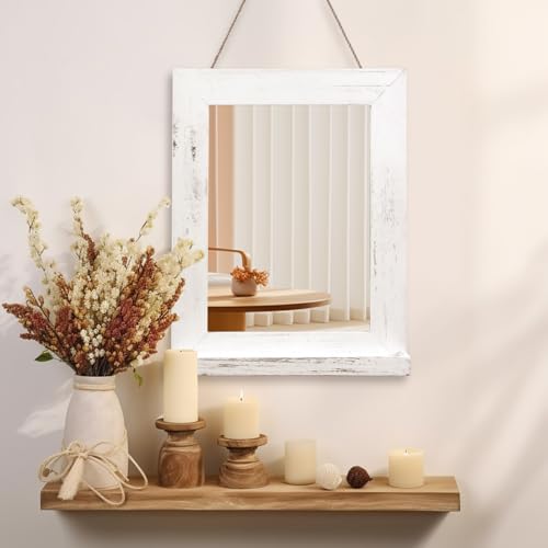 QDSSDECO 16" x 20" Farmhouse Wall Mirror with Shelf and Hemp Rope, White - color: White With Hemp Rope