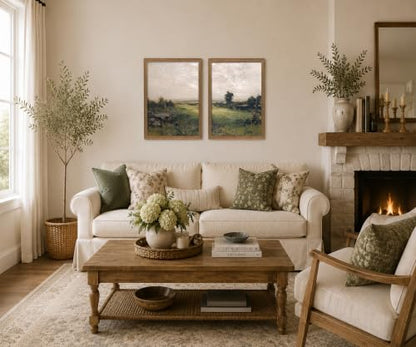 Landscape Wall Art Set of 2 Framed, Neutral Farmhouse Canvas Prints, - color: Green scenery, size: 12x16 Inches