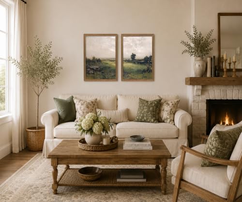 Landscape Wall Art Set of 2 Framed, Neutral Farmhouse Canvas Prints, - color: Green scenery, size: 16x24 Inches