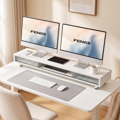 Fenge Dual Monitor Stand with Storage, Desk Shelf with Glass Sliding Door - color: White