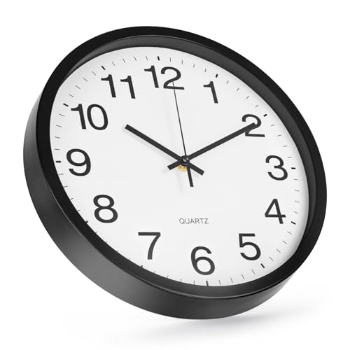 Wall Clock 12 Inch Metal Finish Silent Non Ticking Indoor Clock Round Battery Operated Stainless Steel Wall Clocks for Home, Office, Living Room (White-Black, 12 Inch) - color: White-black, size: 12 Inch
