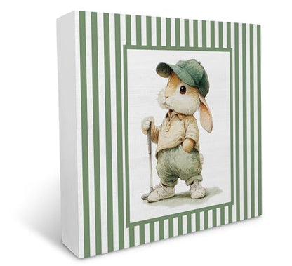 KU-DaYi Funny Bunny Golfer Gifts Wooden Box Sign, Sage Green Striped Golfing Wood Box Decorations for Kids Nursery Bedroom Room, Easter Rabbit Golf Wooden Block Plaque Desk Shelf Decor Accent 5x5 Inch