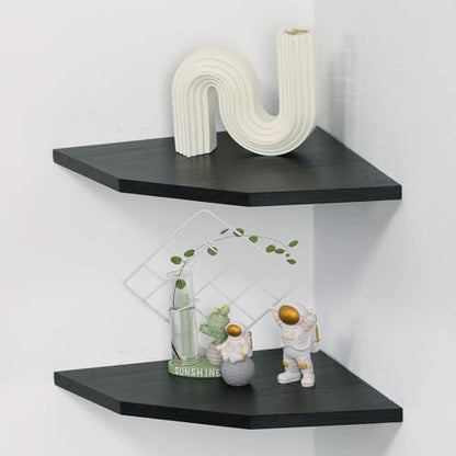 Joiishom Wood Corner Wall Shelves Set of 2, Solid Wood Corner Floating Shelves, Round End Wall Mounted Floating Corner Shelf for Bedroom, Living Room and Kitchen (Black-12 inch) - size: Black-12 inch