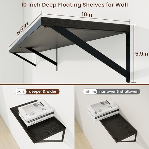 Axeman Deep Floating Shelves, 55'' x 10'' Black Wall Shelves Set of 2 - color: Black, size: 55W x 10D