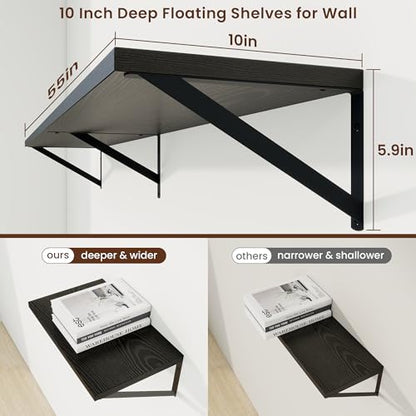 Axeman Deep Floating Shelves, 55'' x 10'' Black Wall Shelves Set of 2 - color: Black, size: 55W x 10D