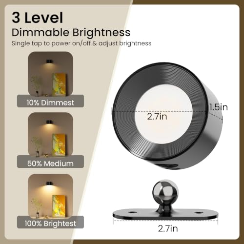 Koopala LED Reading Lights, Wall Mounted Sconces with 3 Color Temperatures & 3 Brightness Levels Rechargeable Battery Magnetic Ball 360°Rotation Touch Control, Lamps for Kids Study Bedside Closet - color: Black-A