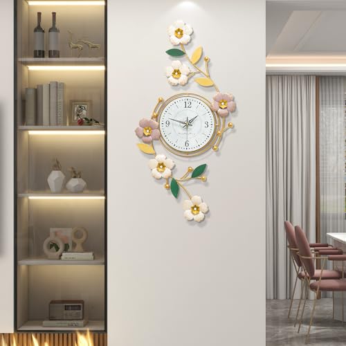 FLEBLE Large Wall Clock for Living Room Decor Metal Flower Home Decorative