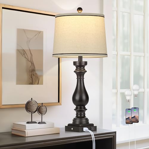 Cinkeda 29" Tall Table Lamp for Living Room,Farmhouse Vintage Bedside Nightstand Lamp with USB C+A Ports & AC Outlet,3-Way Dimmable Touch Control Retro Black Lamp for Bedroom,Single Black - color: 1Pack Black