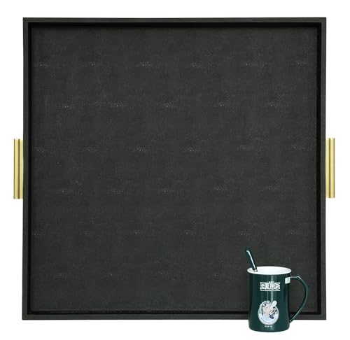 HofferRuffer Extra Large Square Serving Tray, Elegant Faux Leather Ottoman Tray with Gold Hardware Handles, Serve Tea, Coffee or Breakfast in Bed, 24 x 24 inches (Black Shagreen) - color: Black, size: 24" x 24" x 2"