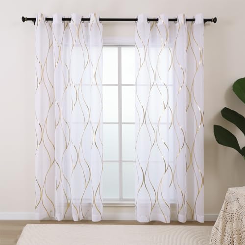 L.Z.E Gold White Sheer Curtains 108 Inches Long 2 Panels Set for Living Room Bedroom See Through Sheer Curtains Grommet Top Transparent Sheers with Wave Pattern Extra Long - color: (Grommet) Gold Waves, size: 54"W x 108"L (Pack of 2)