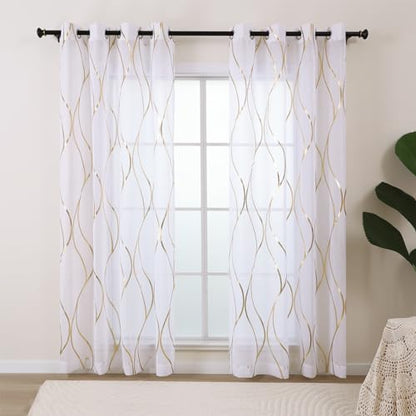 L.Z.E Gold White Sheer Curtains 108 Inches Long 2 Panels Set for Living Room Bedroom See Through Sheer Curtains Grommet Top Transparent Sheers with Wave Pattern Extra Long - color: (Grommet) Gold Waves, size: 54"W x 108"L (Pack of 2)