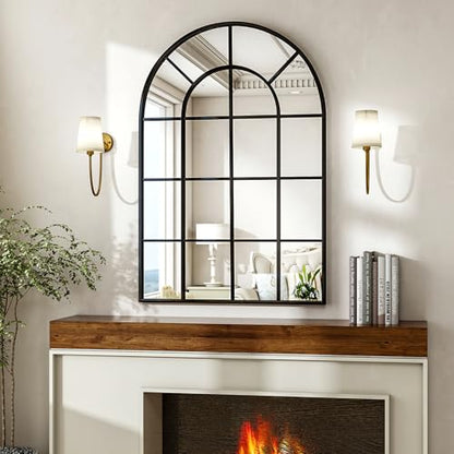 24"×36" Windowpane Arched Wall Mirror with Metal Frame, Black - size: 36"L x 24"W