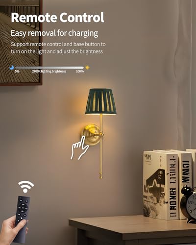 KDG Gold Cordless Wall Sconces Set of 2, Green Fabric LED Wall Lamps - color: Gold + Green Lampshde (2 Pack)