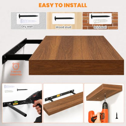 RICHER HOUSE 55Inch Long Floating Shelves, 12" Deep Wood Wall Shelf, Walnut - color: Walnut, size: 55in