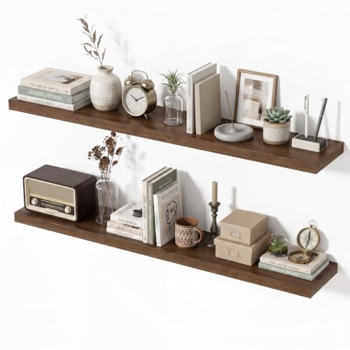 Floating Shelves for Wall, 48 Inch Wall Mounted Storage and Display for Living Room, Bedroom, Kitchen, Bathroom Set of 2 Rustic Brown - color: Retro Brown, size: 48 Inch