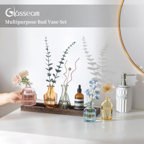 Glasseam Glass Bud Vase for Centerpiece: Small Flower Vases in Wooden Tray - color: Colorful-amber
