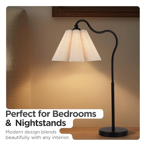 Table Lamp with Beige Pleated Linen Shade, Curved Black Metal Base, E26 Socket – 23" Tall Modern Bedside Desk Lamp for Bedroom, Living Room, Office – Bulb Not Included - color: Black