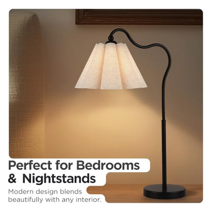 Table Lamp with Beige Pleated Linen Shade, Curved Black Metal Base, E26 Socket – 23" Tall Modern Bedside Desk Lamp for Bedroom, Living Room, Office – Bulb Not Included - color: Black