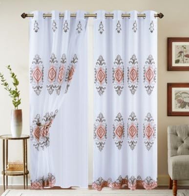 J&V TEXTILES Embroidered Curtain Set, 2 Panel Drapes with Backing & Valance, Medallion Pattern (Blush) - color: Blush