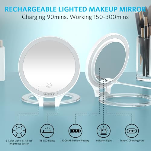 WEILY Magnifying Makeup Mirror 10X/1X, Travel Mirror with Light - color: 451-white