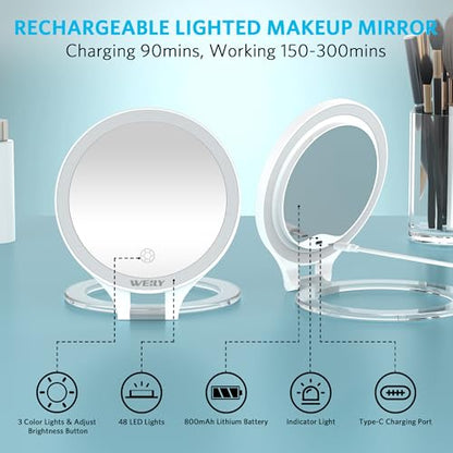 WEILY Magnifying Makeup Mirror 10X/1X, Travel Mirror with Light - color: 451-white