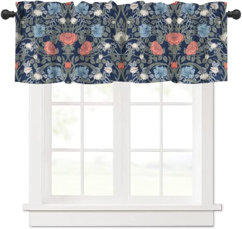 Dark Botanical Valance, William Morris Vintage Red Blue Flowers Gothic Victorian Floral Plants Print Blackout Window Valance Curtain for Cafe Kitchen Bedroom Living Room, 54x18inch - color: Morris-5