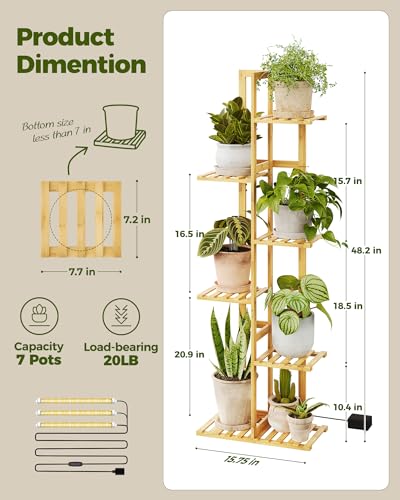 Bamworld Bamboo Plant Stand with Grow Light, 6 Tiered Plant Shelf 48 Inch - color: Natural 6Tiered Pro
