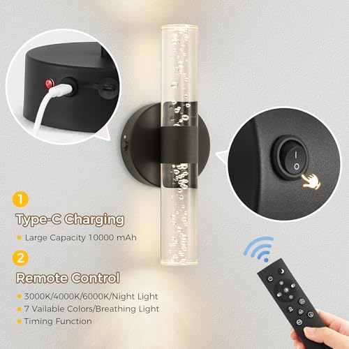 Battery Operated Wall Sconces Set of 2, 10000mAh Rechargeable Wall Light - color: Black, size: 12 inch