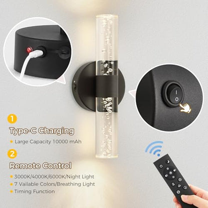 Battery Operated Wall Sconces Set of 2, 10000mAh Rechargeable Wall Light - color: Black, size: 12 inch
