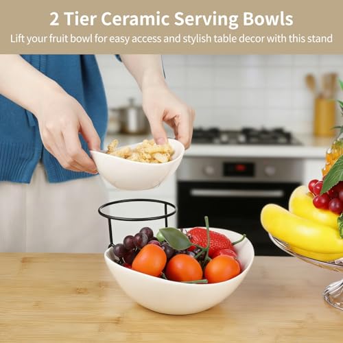 2 Tier Chip and Dip Serving Set, Chip and Dip Bowl with Metal Stand, Large Chip Bowl 45 oz, Small Dip Bowl 7 oz, Ceramic Appetizer Food Display Stand for Parties, Weddings
