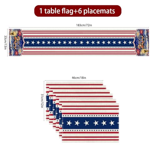 72x13 Inch 250th 4th of July Patriotic USA Stars Table Runner with 6Pcs Place Mats for Independence Day - color: 250th Anniversary