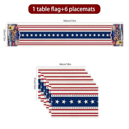 72x13 Inch 250th 4th of July Patriotic USA Stars Table Runner with 6Pcs Place Mats for Independence Day - color: 250th Anniversary