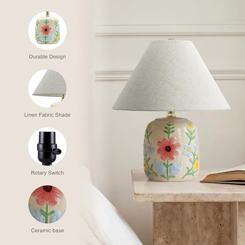 Abani Rosalie Floral 19” Table Lamp – Cream Ceramic Base with Wheat Linen Cylinder Shade, E26 2-Way Bulb Included – Elegant Bedside Lamp for Bedroom, Living Room, Entryway or Nightstand