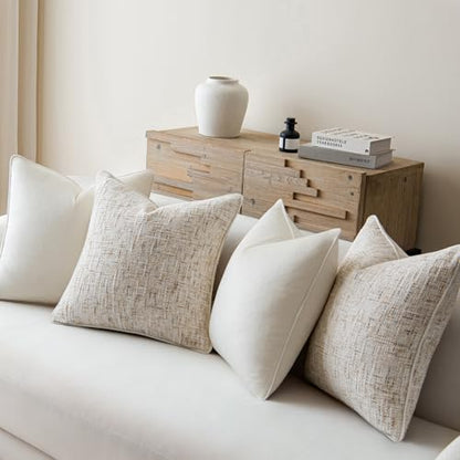 a moment Beige 4 Pack Throw Pillow Covers - Chenille & Velvet Set with Piping, Farmhouse Textured Design Cushion Cases for Couch Sofa Bed (20x20 Inch, No Insert) - color: Beige, size: 20" x 20" (Pack of 4)
