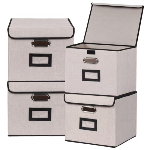 Large Square Storage Bin with Lid, Foldable Organizer Box with Handles & Label Design, for Office, Closet, Home, Documents, Grey, 12.20 x 10.63 x 10.63 Inches, 4 Pack - color: Grey, style: Square - 4 Packs