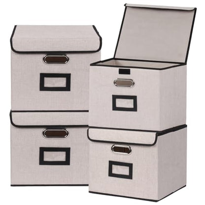 Large Square Storage Bin with Lid, Foldable Organizer Box with Handles & Label Design, for Office, Closet, Home, Documents, Grey, 12.20 x 10.63 x 10.63 Inches, 4 Pack - color: Grey, style: Square - 4 Packs