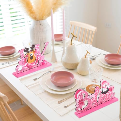 Blulu 3 Pcs Pink Christmas Wooden Signs Tabletop Farmhouse Centerpieces - color: Pink